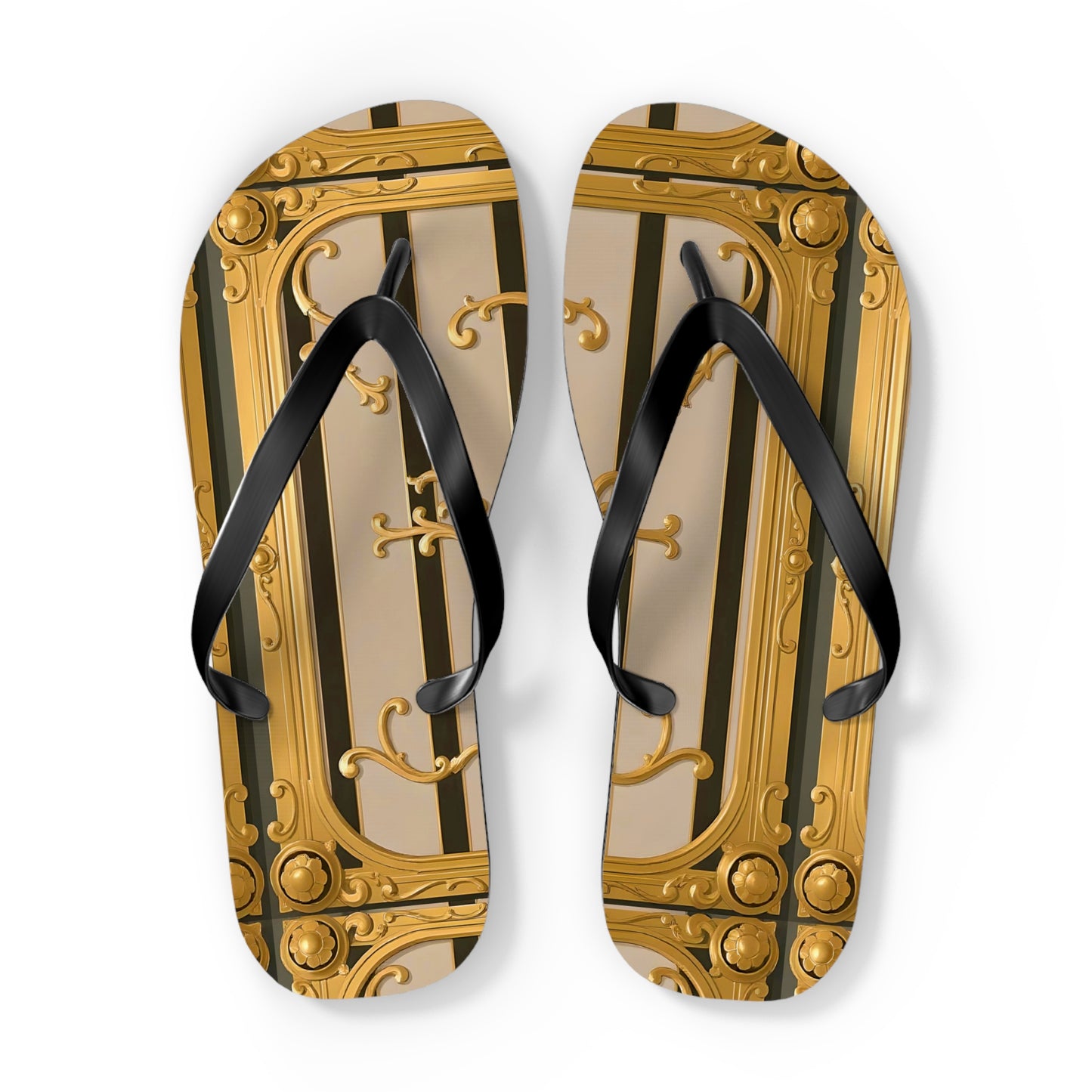 Elegant Golden Flip Flops, Summer Footwear, Beach Sandals, Vacation Essentials, Gift for Her - Beige Striped Gold Rococo