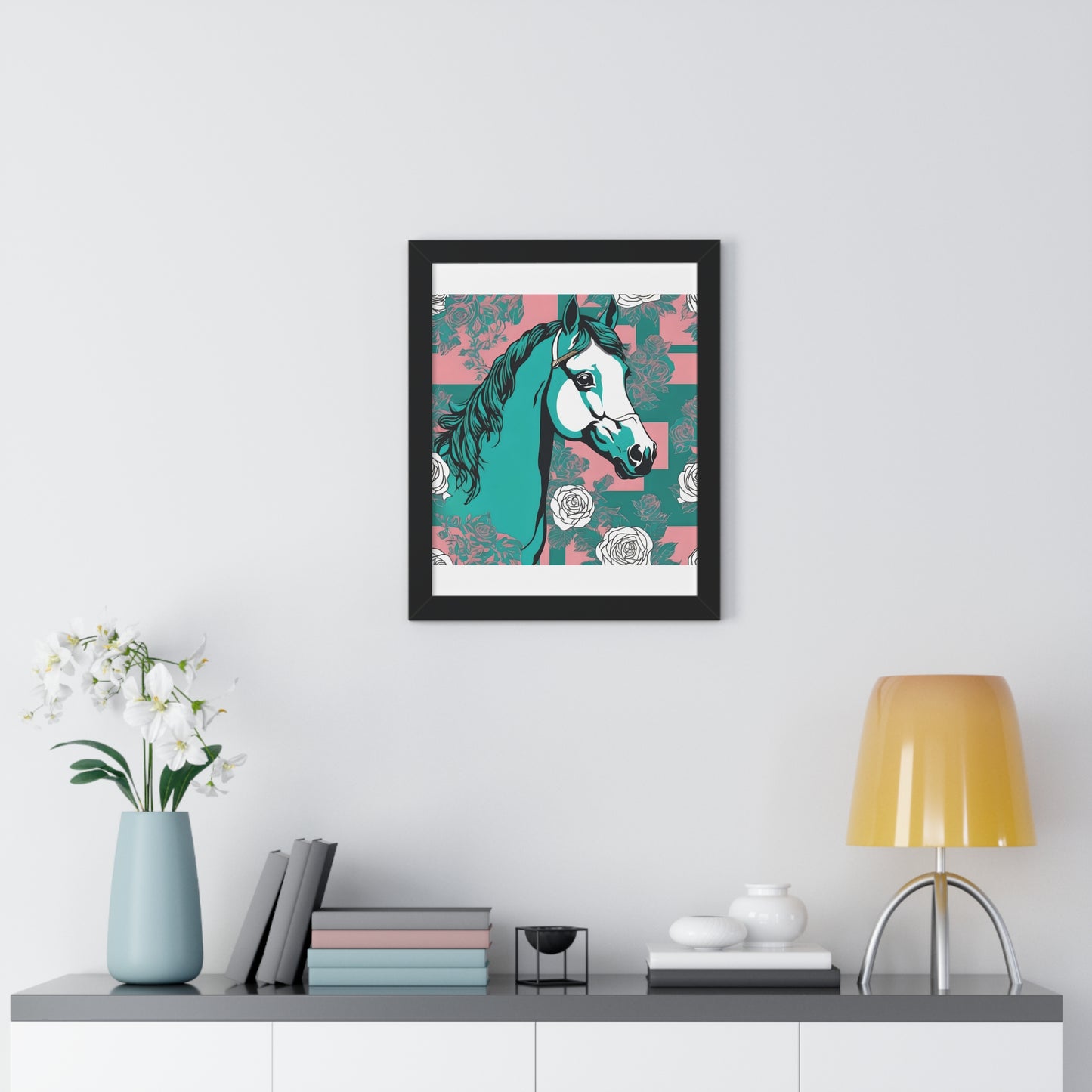 Vertical Poster - Stylish Modern Art for Home Decor - Teal & White Horse