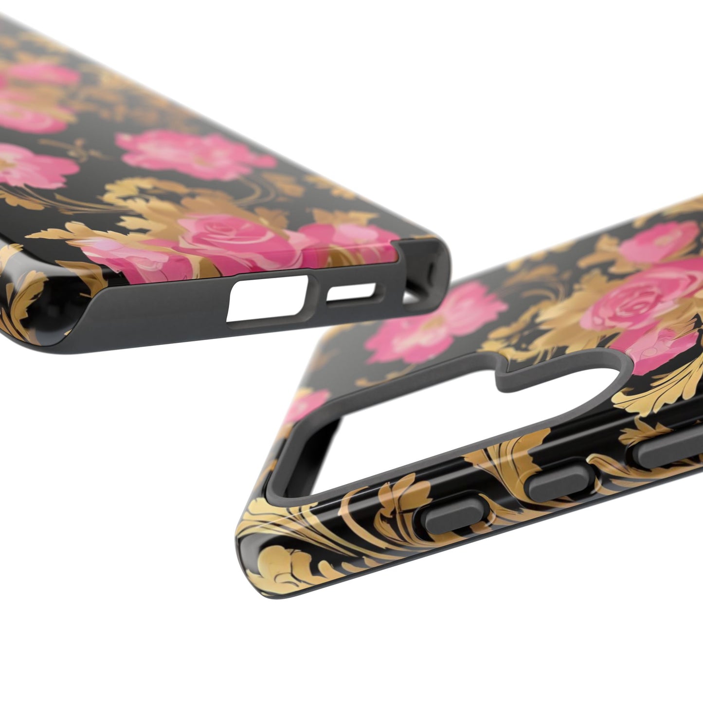 Elegant Floral Motif Phone Case - Tough Cases with Vintage Design - Pink & Gold Roses