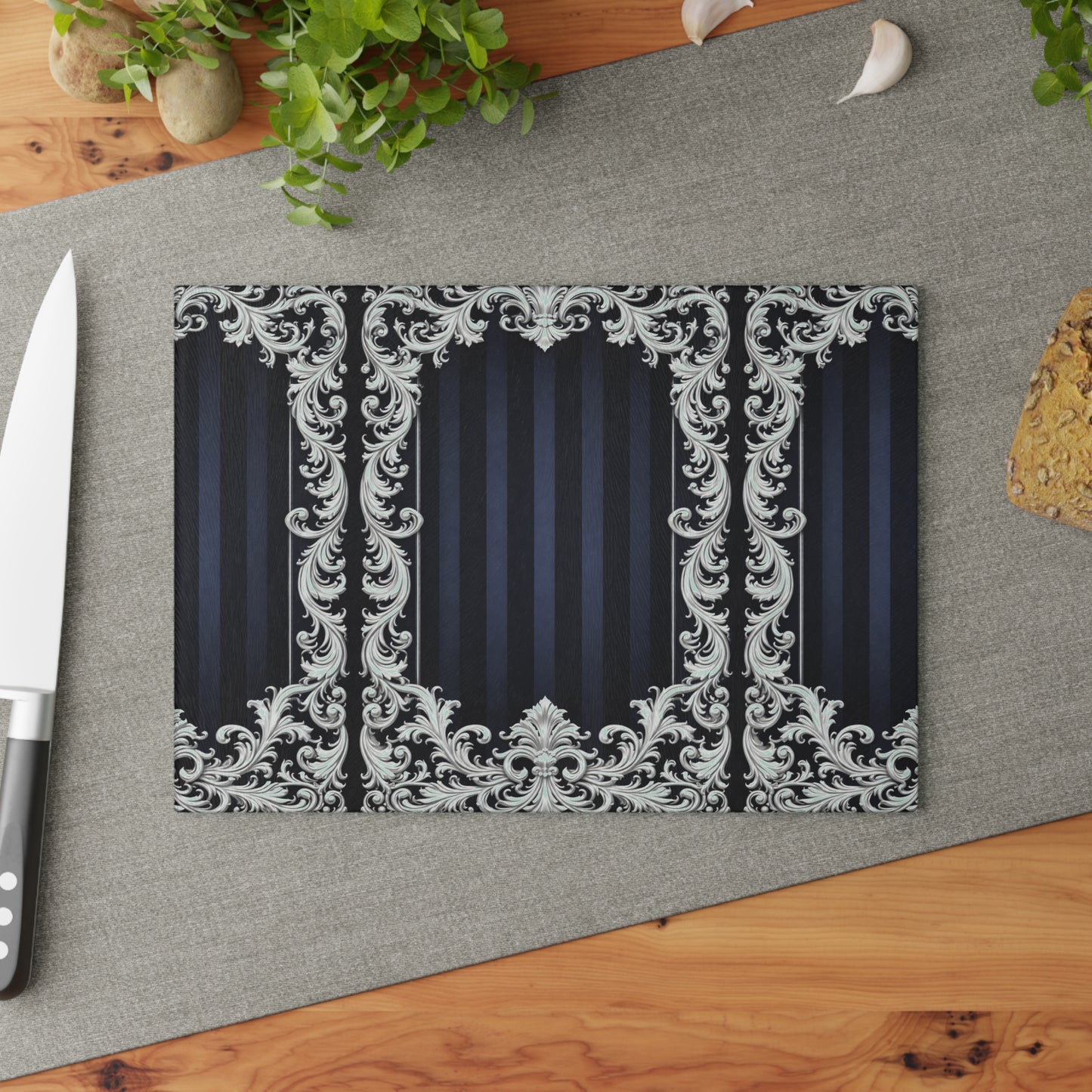 Navy Stripes & Baroque Glass Cutting Board — Elegant Vintage Baroque Scroll Design (Blue or Silver)