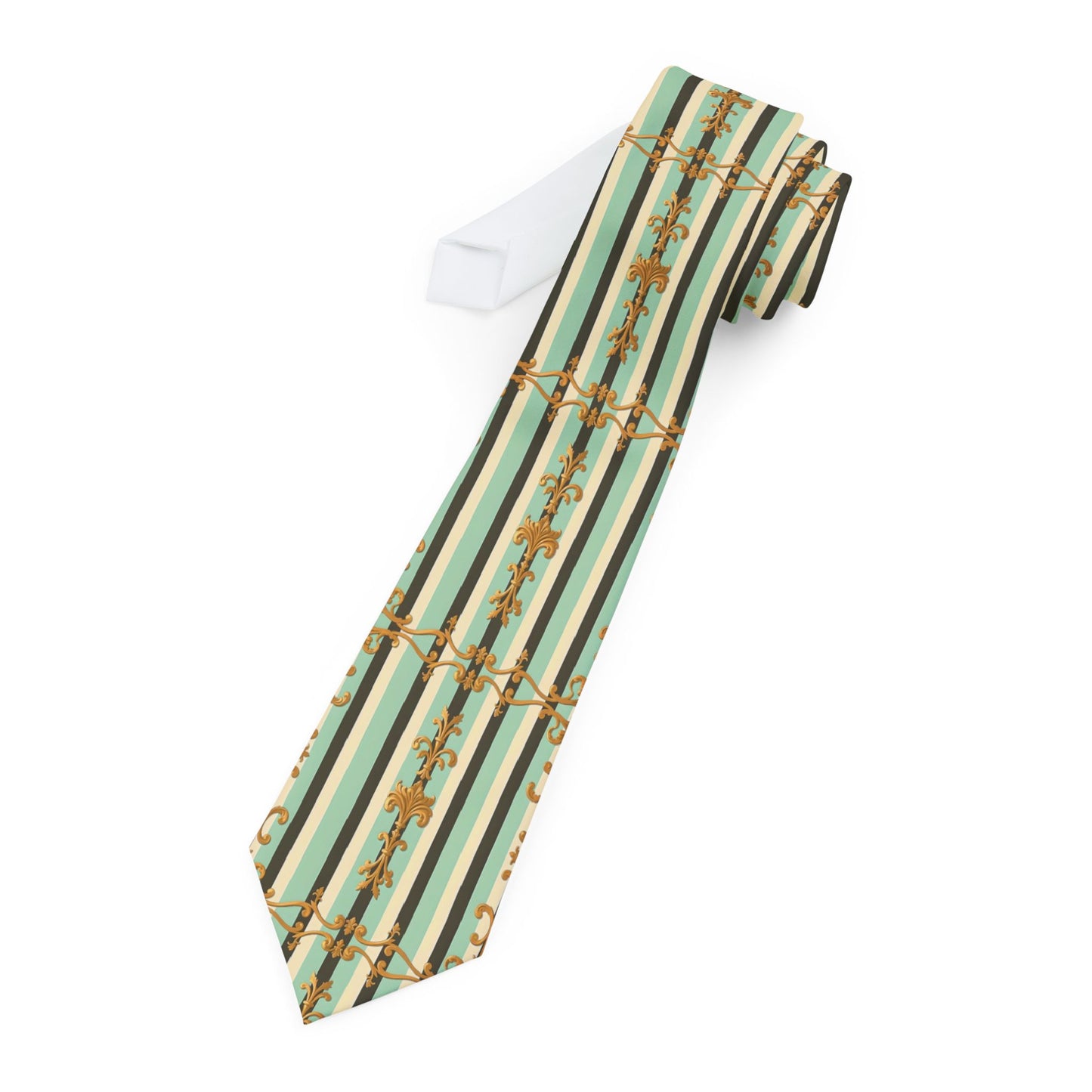 Elegant Striped Necktie, Stylish Accessory for Formal Events, Gift for Him, Business Tie, Wedding Neckwear - Black & Matte Mint Striped Rococo