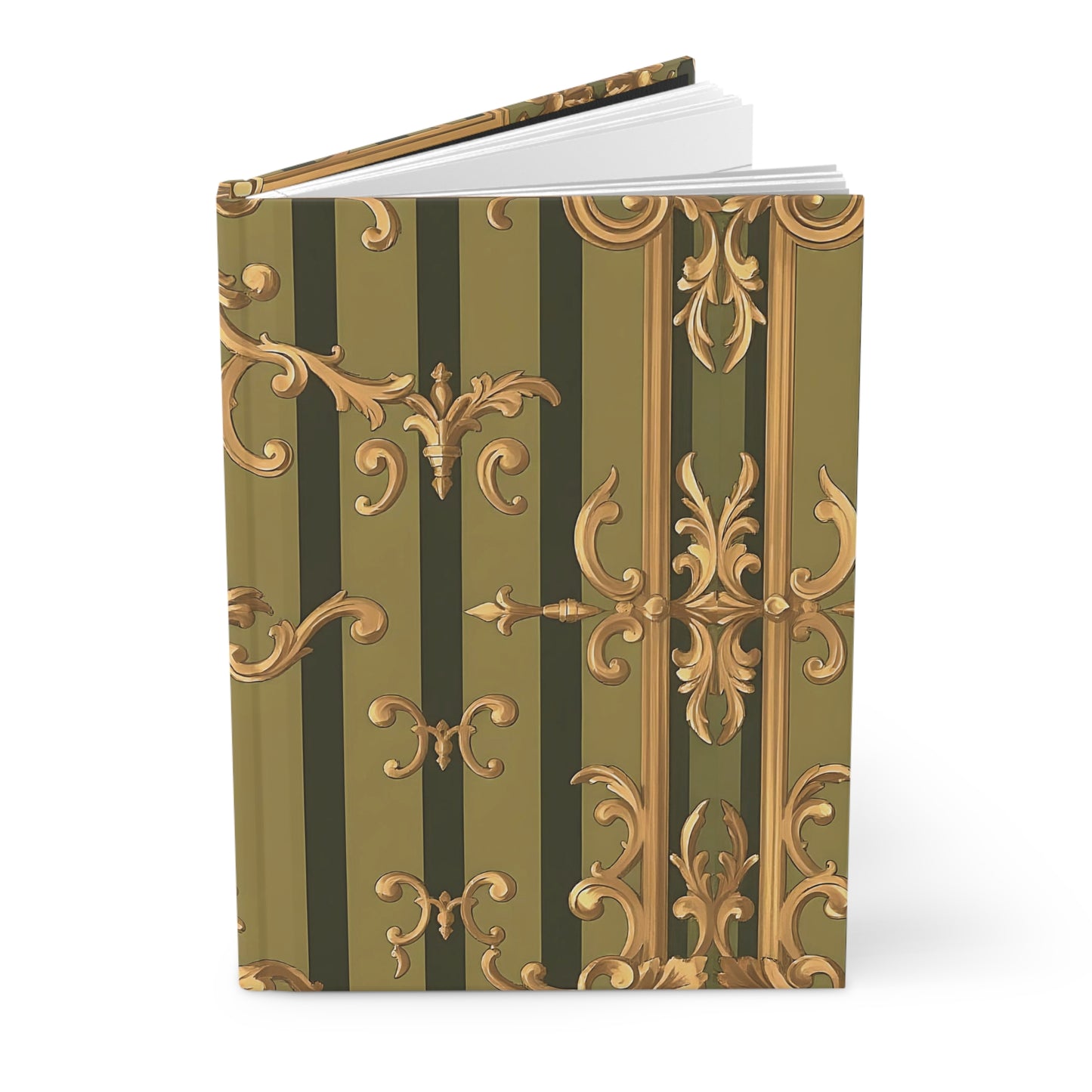 Vintage Floral Hardcover Journal | Elegant Notebook for Writing, Diary, Gifts, Office Supplies - Olive Green Striped Rococo