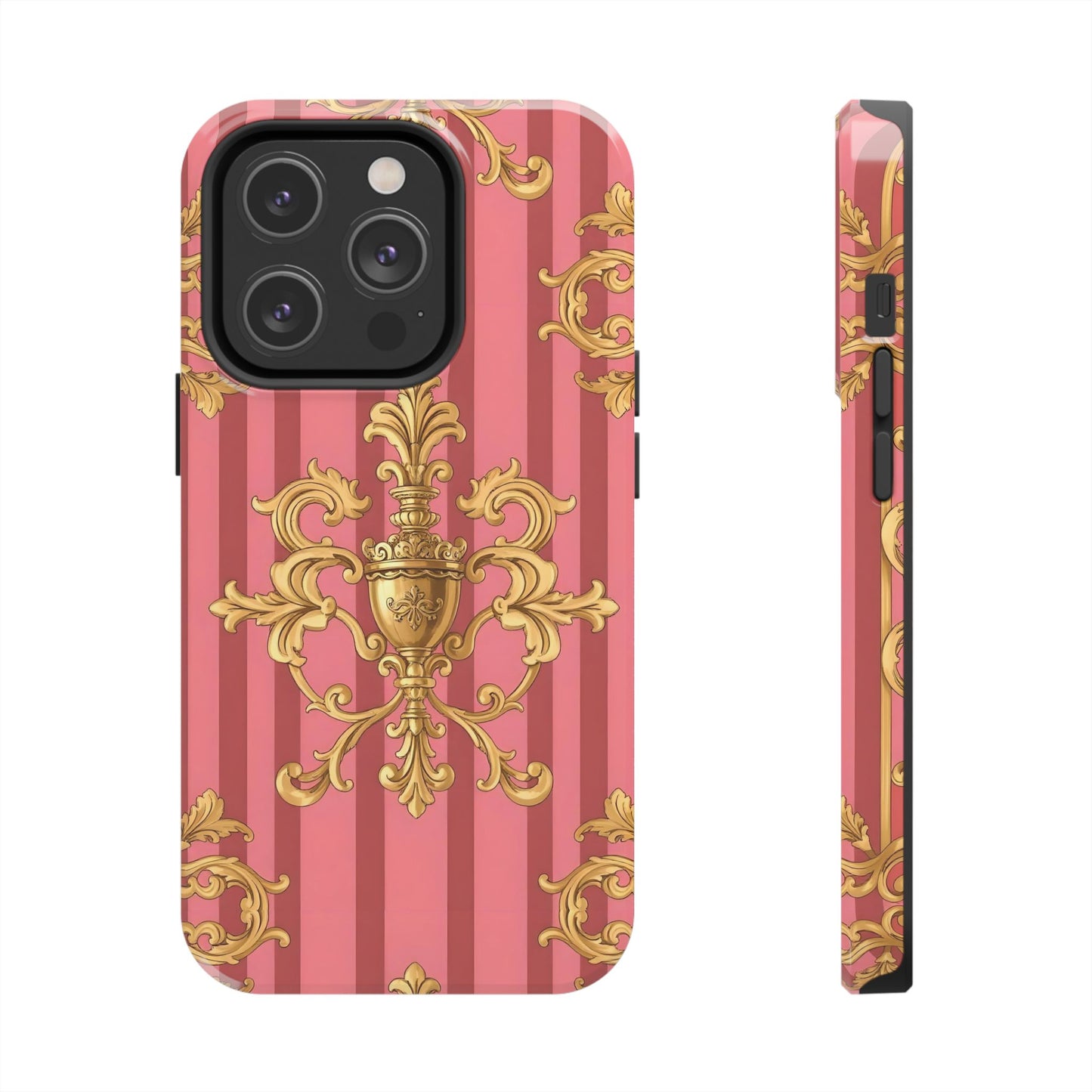 Elegant Baroque Tough Phone Cases, Durable Phone Cover, Stylish Accessory, Gift for Any Occasion - Pink Striped Gold Baroque