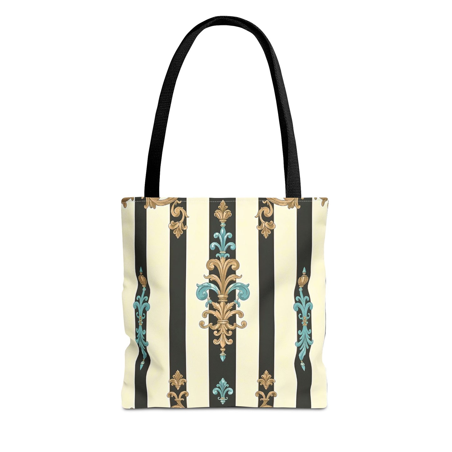 Elegant Stripe Pattern Tote Bag | Fashionable Reusable Shopping Tote, Eco-Friendly Gift Bag - Black Striped Turquoise & Black Rococo