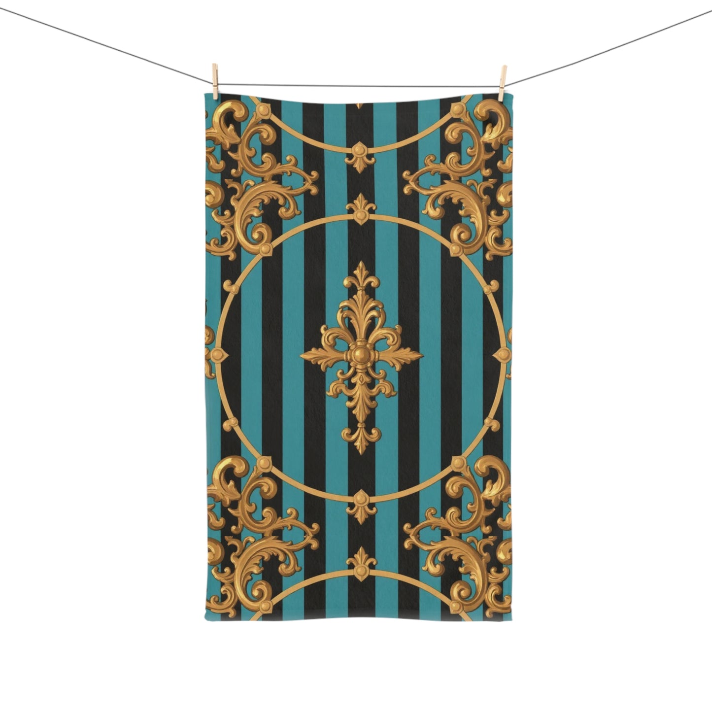 Luxurious Turquoise & Black Striped Gold Baroque Decorative Hand Towel, Glamorous Kitchen Decor, Elegant Gift for Her, Sophisticated Bathroom Towel