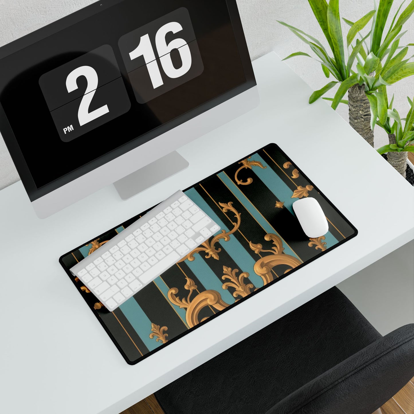 Elegant Black & Gold Desk Mats for Home Office, Stylish Desk Accessories, Work From Home Decor - Black & Turquoise Striped Baroque