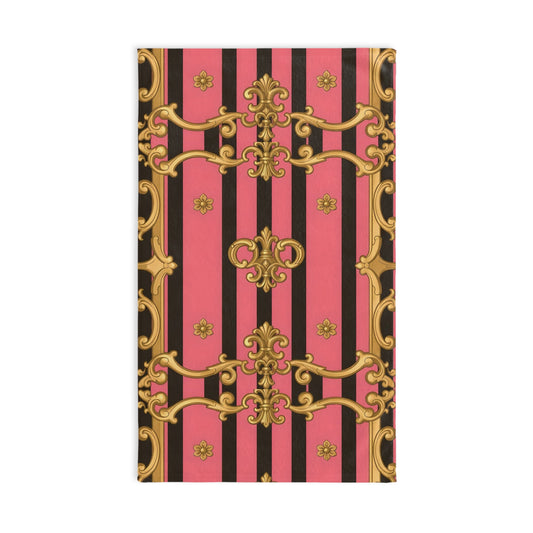 Luxurious Vintage Hand Towel with Pink Stripes & Ornate Design, Bathroom Decor, Gift, Elegant Touch for Home - Pink & Black Striped Gold Baroque