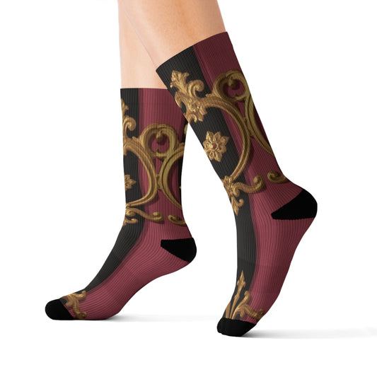 Stylish Sublimation Socks, Black & Mauve Striped Gold Baroque Fashion Socks, Unique Gift Socks, Cozy Home Socks, Trendy Footwear, Comfortable Dress Socks