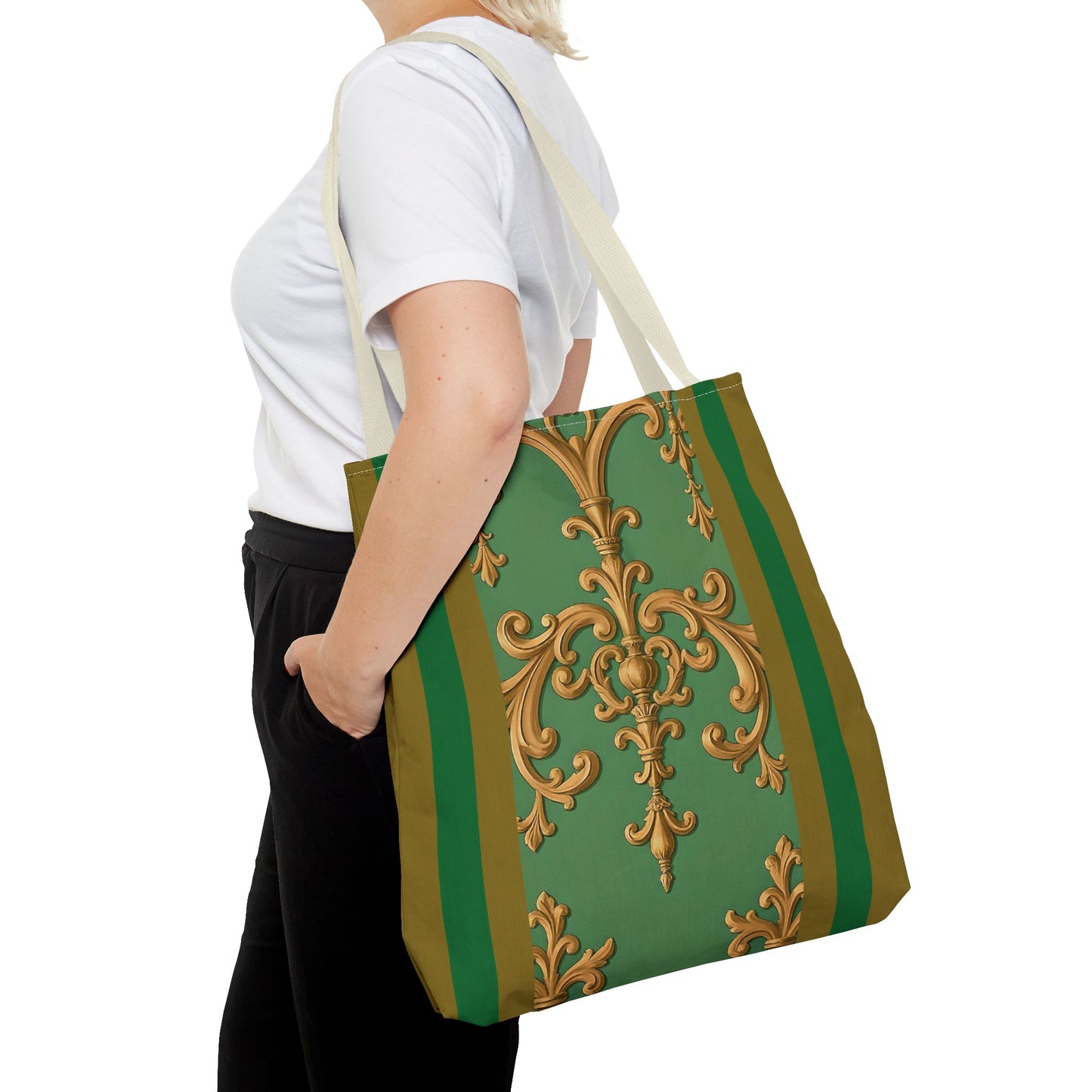 Ornate Floral Tote Bag, Chic Shopping Bag, Fashionable Eco Tote, Stylish Gift for Her, Versatile Everyday Use - Olive Green Striped Rococo