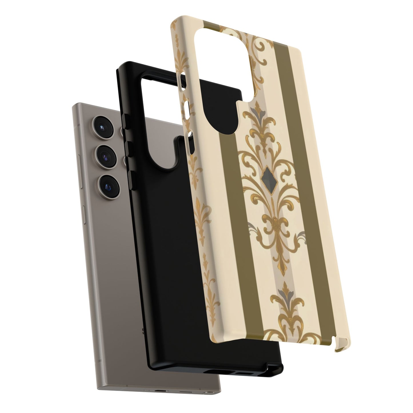 Elegant Floral Motif Phone Case - Tough Cases with Vintage Design - Olive Striped Gold Damask