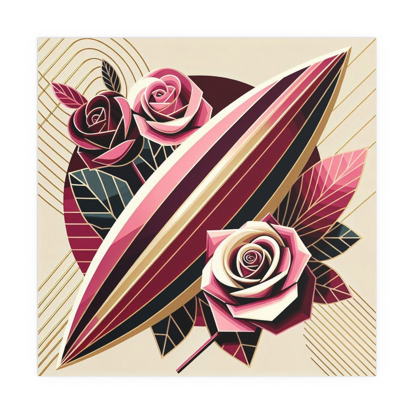 Elegant Floral Silk Poster - Indoor/Outdoor Wall Art for Home Decor - Pink & Burgundy Striped Surfboard & Roses