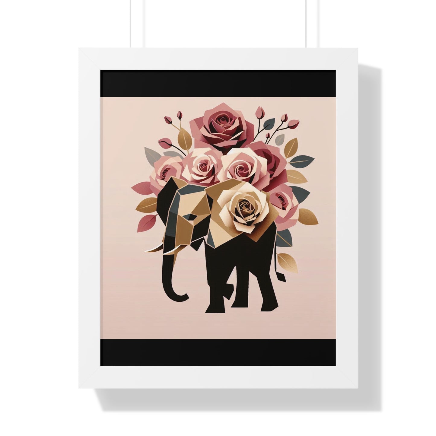 Vertical Poster - Black & Gold Elephant & Roses Wall Art