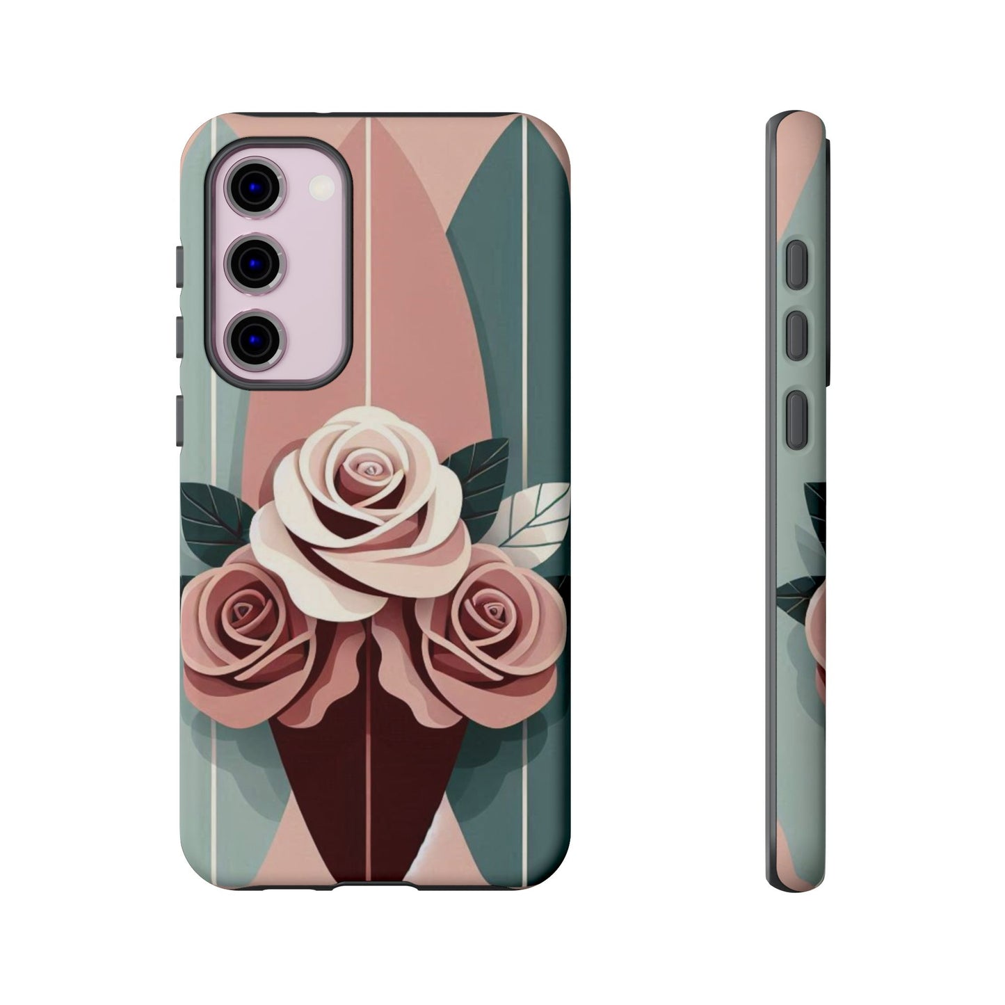 Phone Case - Burgundy, Matte Mauve & Teal Surfboard & Roses Design