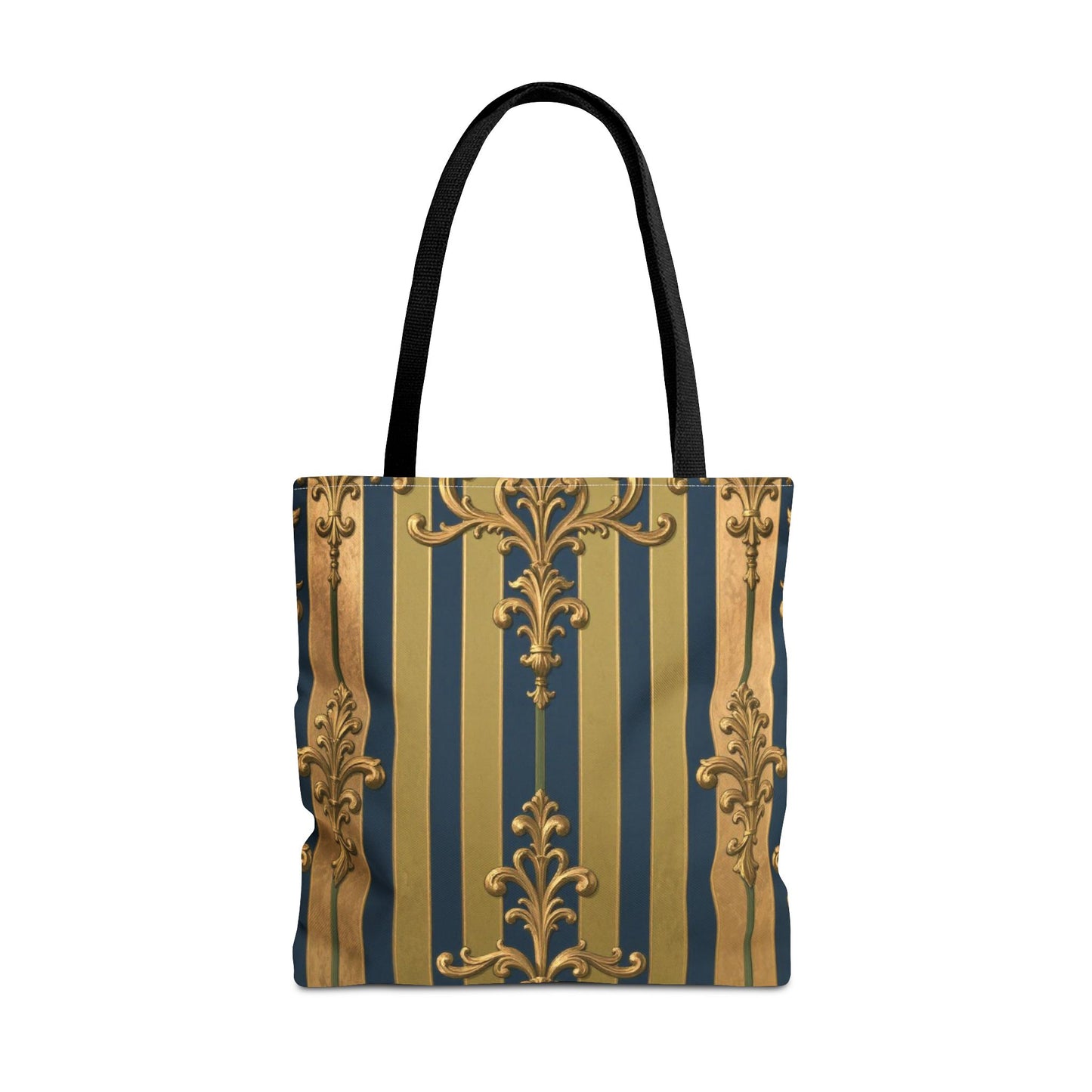 Elegant Midnight Blue & Olive Striped Gold Baroque Golden Striped Tote Bag, Stylish Shopping Bag, Trendy Handbag, Chic Gift for Her