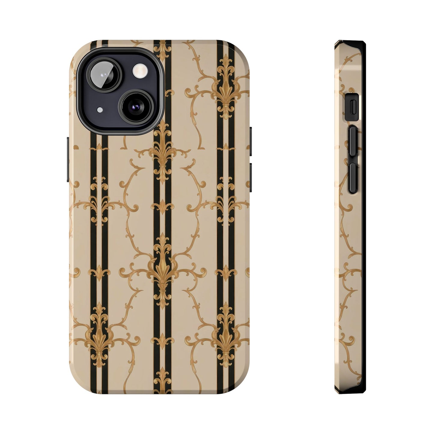 Elegantly Tough Phone Cases | Stylish Phone Covers, Durable Cases, Fashionable Accessories - Black & Beige Striped Damask