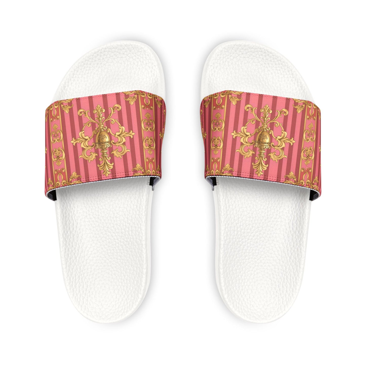 Chic Women's Removable-Strap Slides, Trendy Summer Footwear, Vacation Must-Have, Beach Sandals - Pink Striped Gold Baroque