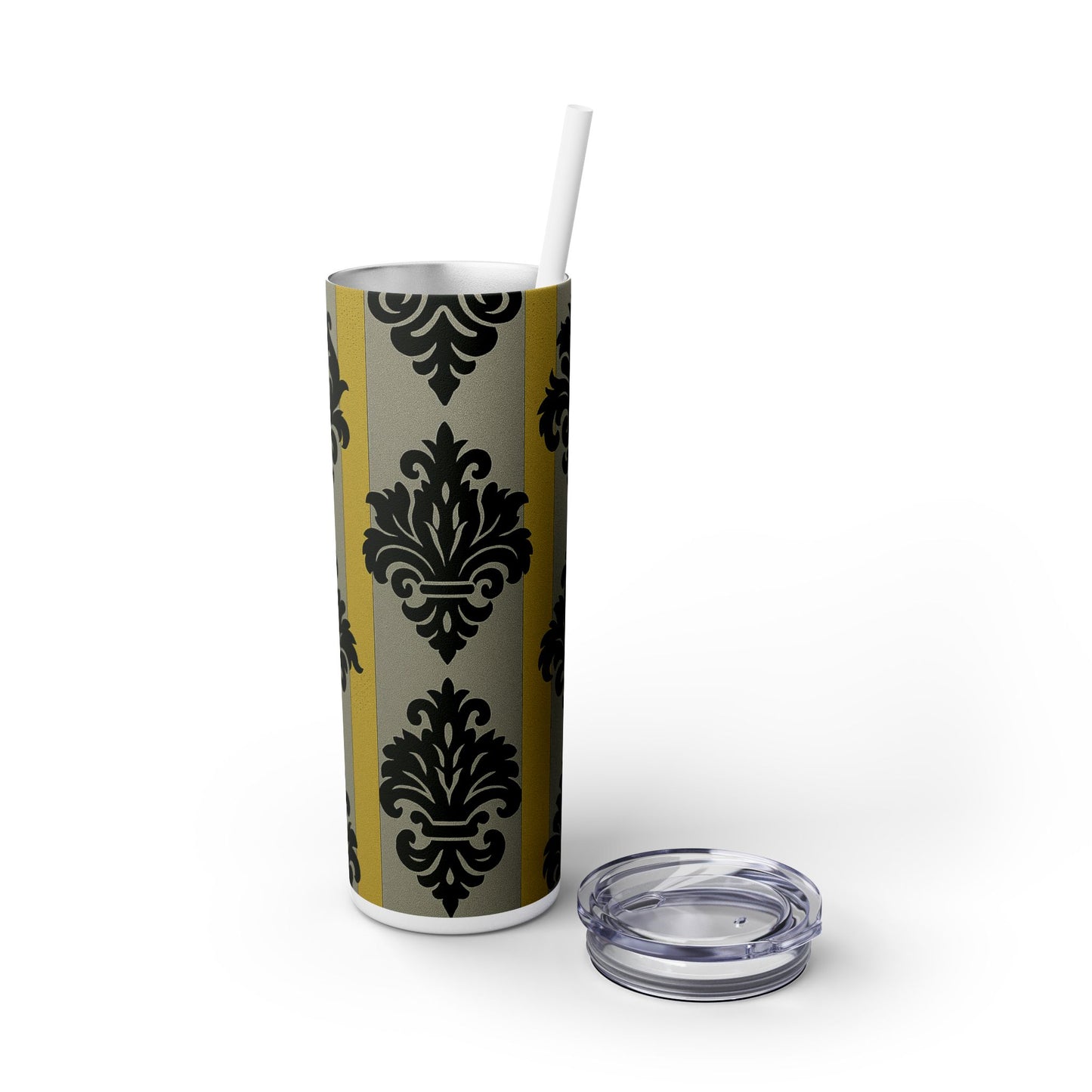 Elegant Baroque Skinny Tumbler, 20oz Travel Mug, Stylish Drinkware for Home or Office, Unique Gift for Her - Silver & Gold Striped Black Baroque