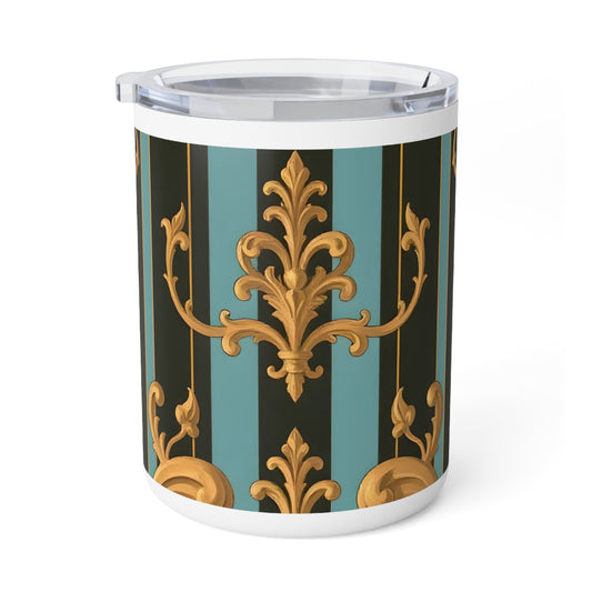 Elegant Insulated Coffee Mug, 10oz | Vintage Baroque Design, Tea Lover Gift, Decorative Travel Mug - Black & Turquoise Striped Baroque