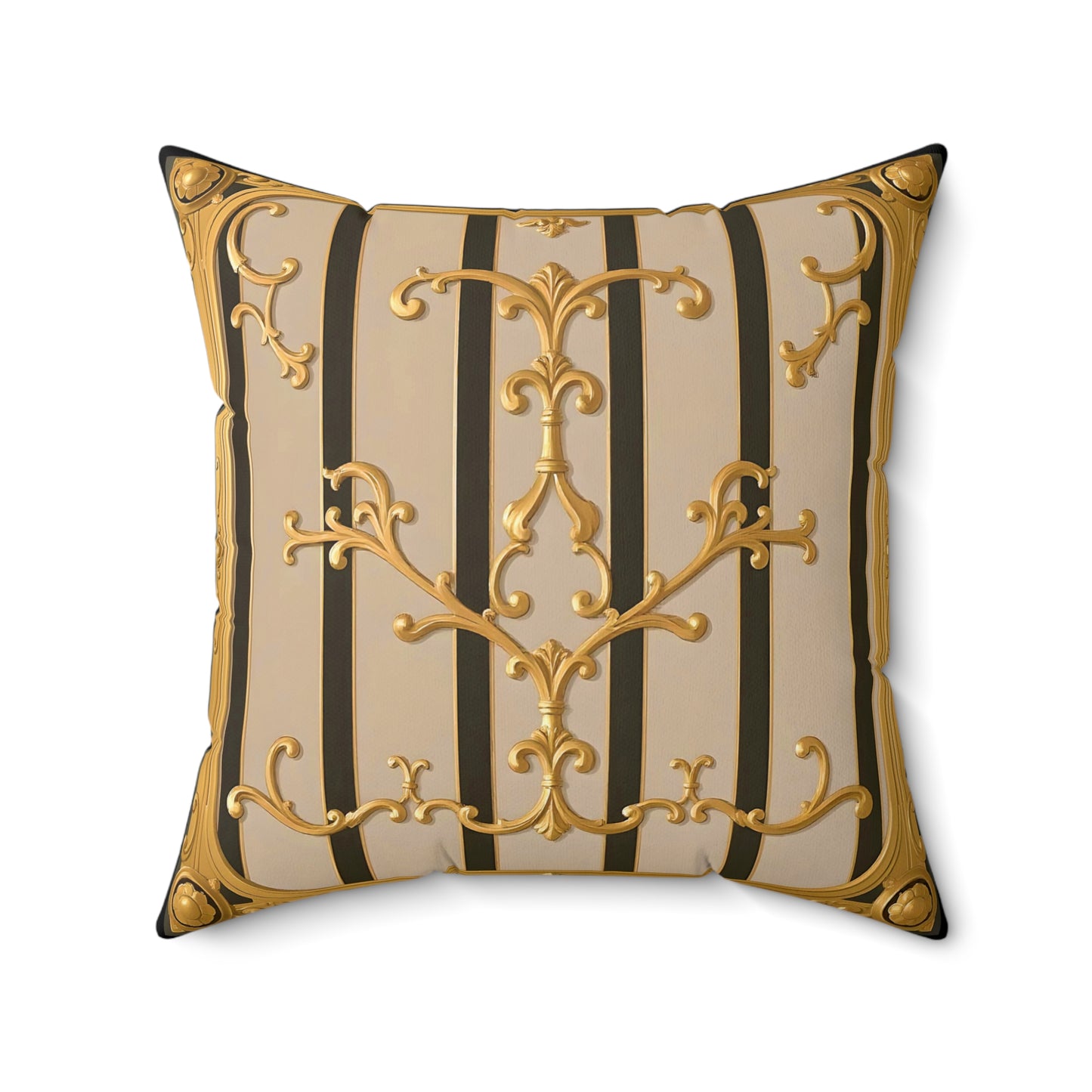 Elegant Neoclassical Square Pillow | Gold Accents, Home Decor, Gift for Him/Her, Luxury Cushion, Living Room Accent - Beige Striped Gold Rococo