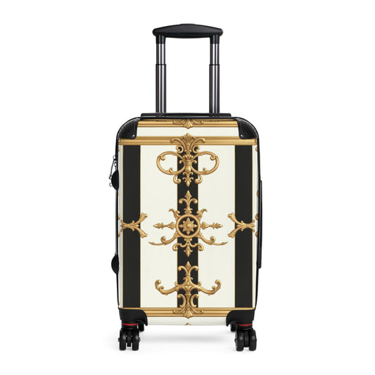Elegant Black and Gold Travel Suitcase, Luxurious Luggage for Fashionable Travelers, Stylish Carry-On - Black & White Striped Gold Baroque