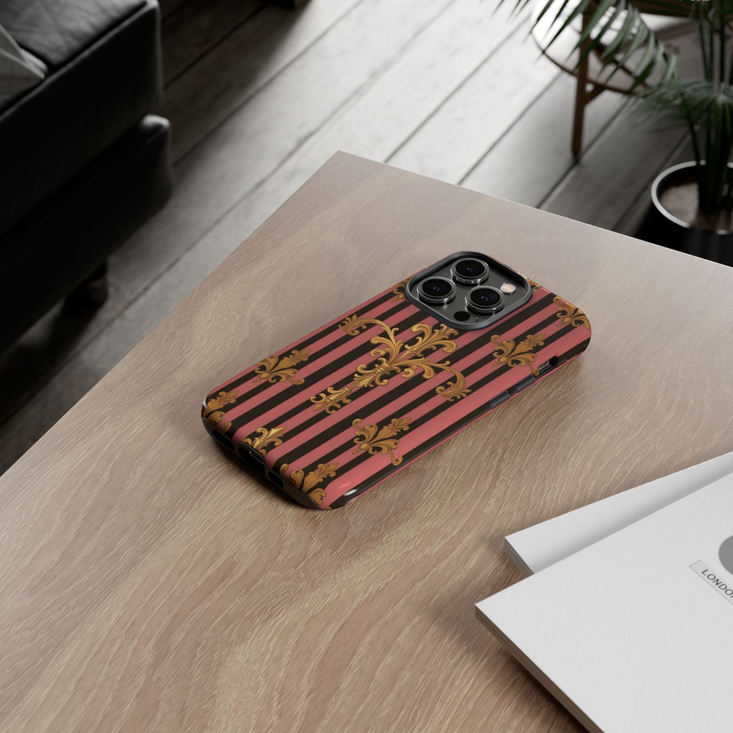 Elegant Floral Motif Phone Case - Tough Cases with Vintage Design - Mauve Striped Gold Damask