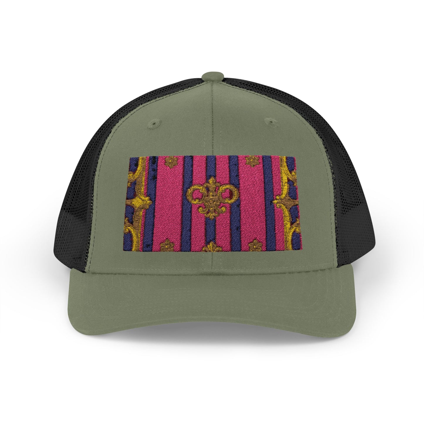 Vibrant Snapback Trucker Cap, Stylish Outdoor Hat, Trendy Fashion Accessory, Gift for Him or Her - Pink Striped Gold Baroque