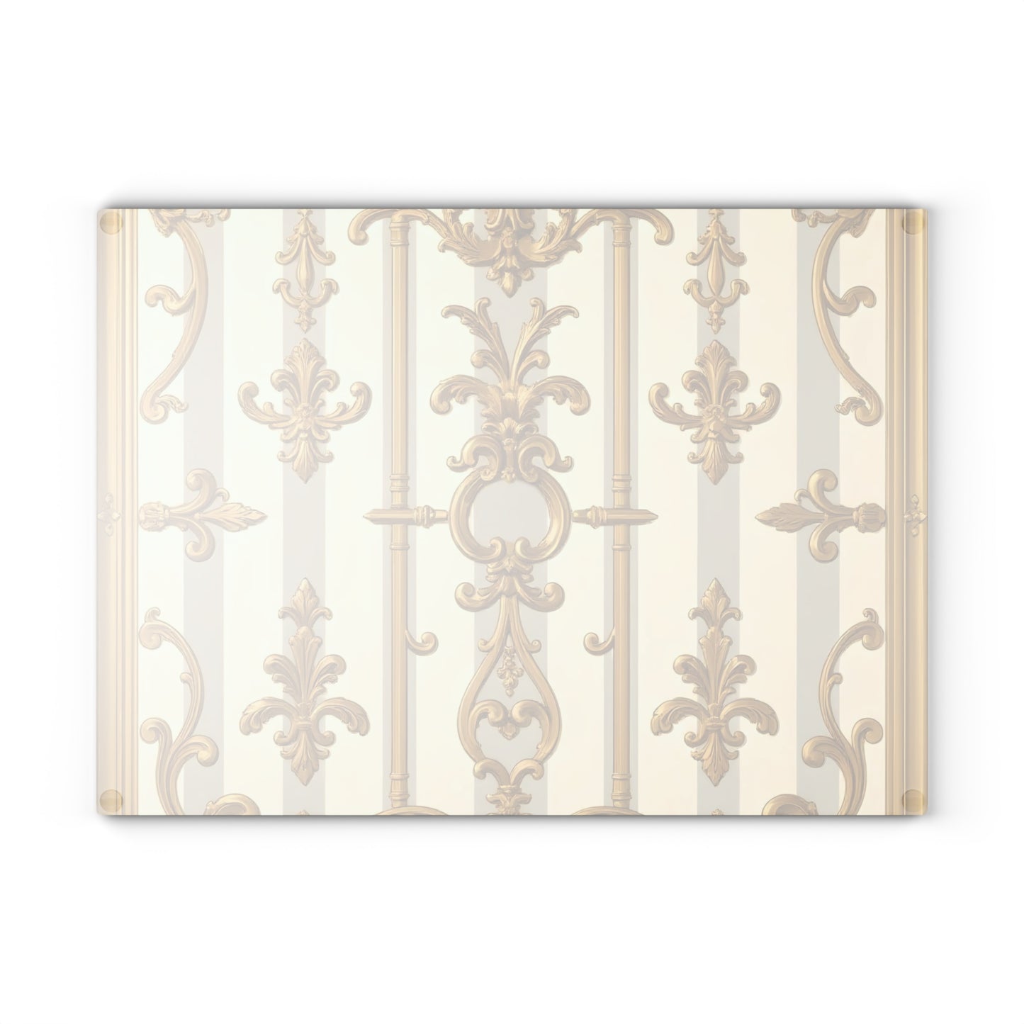 Ornate Glass Cutting Board - Elegant Kitchen Decor, Wedding Gift, Home Cook Gift - Matte Gray & Cream Striped Gold Baroque