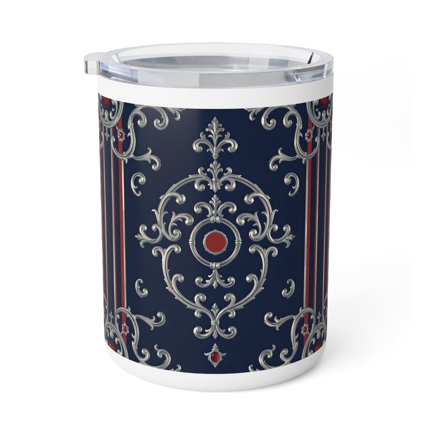 Elegant Insulated Coffee Mug - 10oz, Decorative Travel Tumbler, Stylish Drinkware, Gift for Coffee Lovers - Blue & Red Striped Silver Baroque