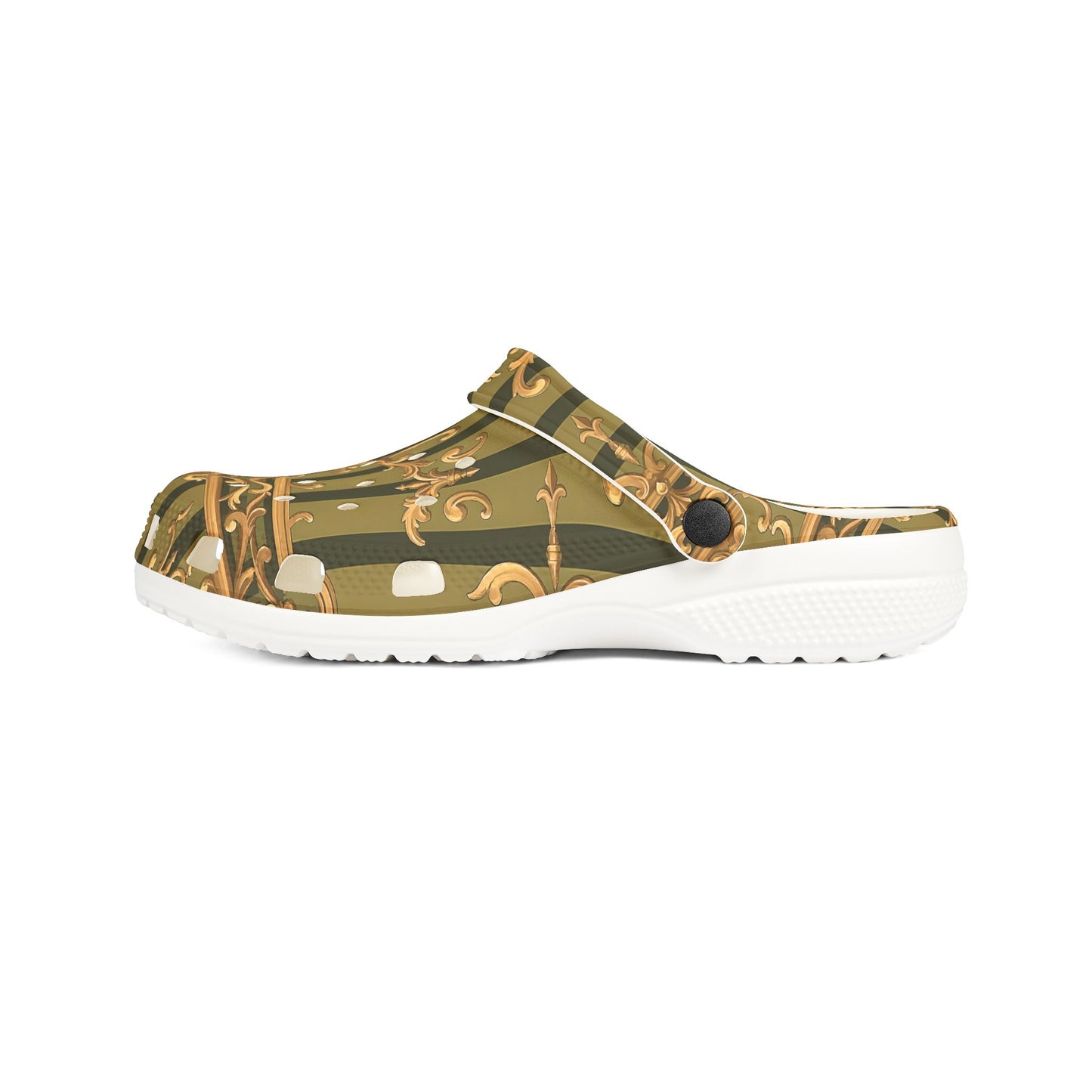 Chic Patterned EVA Foam Shoes, Stylish Footwear, Comfortable Everyday Clogs, Unique Home Shoes - Olive Green Striped Rococo
