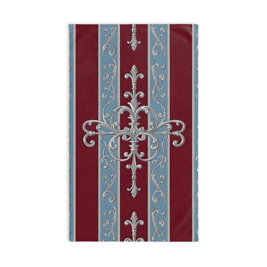 Elegant Vintage Hand Towel - Decorative Kitchen & Bathroom Accessory - Ice Blue & Burgundy Striped Baroque