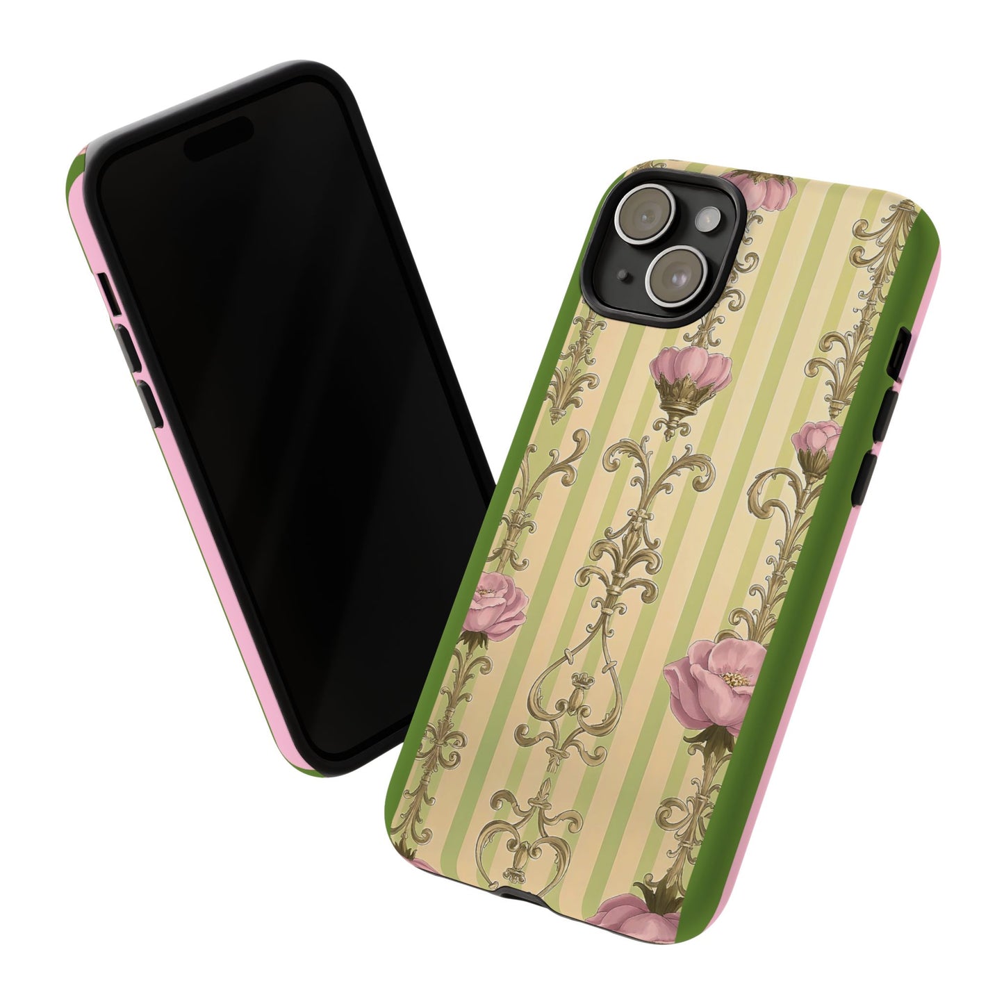 Elegant Floral Motif Phone Case - Tough Cases with Vintage Design - Lime Green & Pink Striped Damask