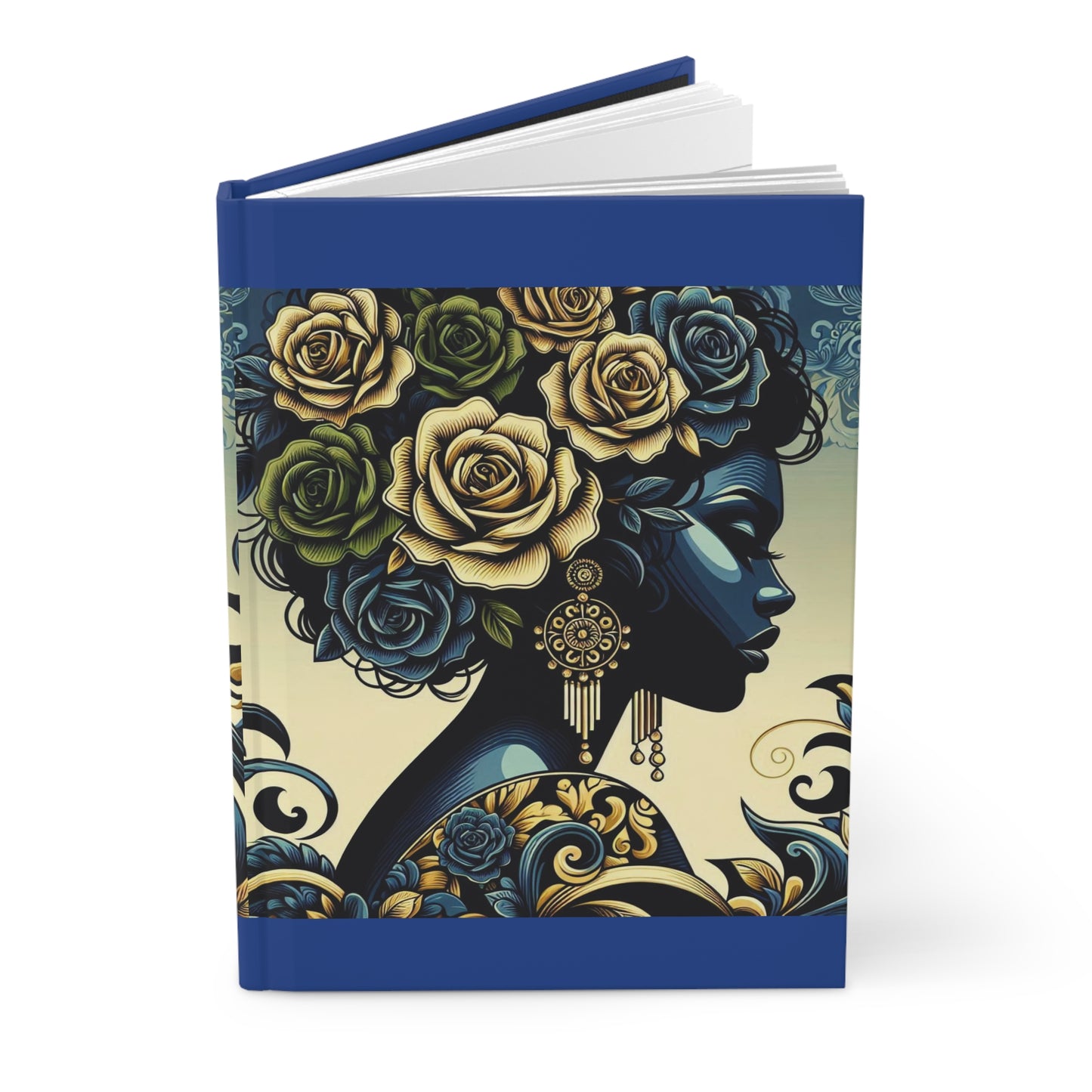 Elegant Floral Hardcover Journal - Stylish Writing Notebook - Midnight Blue Lady With Roses & Damask Design