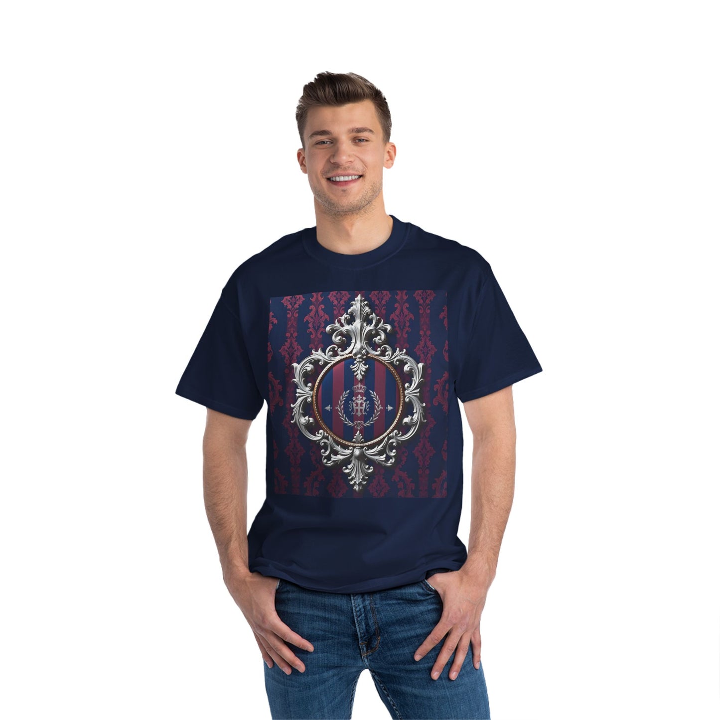 Elegant Unisex Graphic T-Shirt - Vintage Inspired, Casual Wear, Unique Gift, Art Tee, Fashion Statement - Blue & Plum Striped Silver Crest
