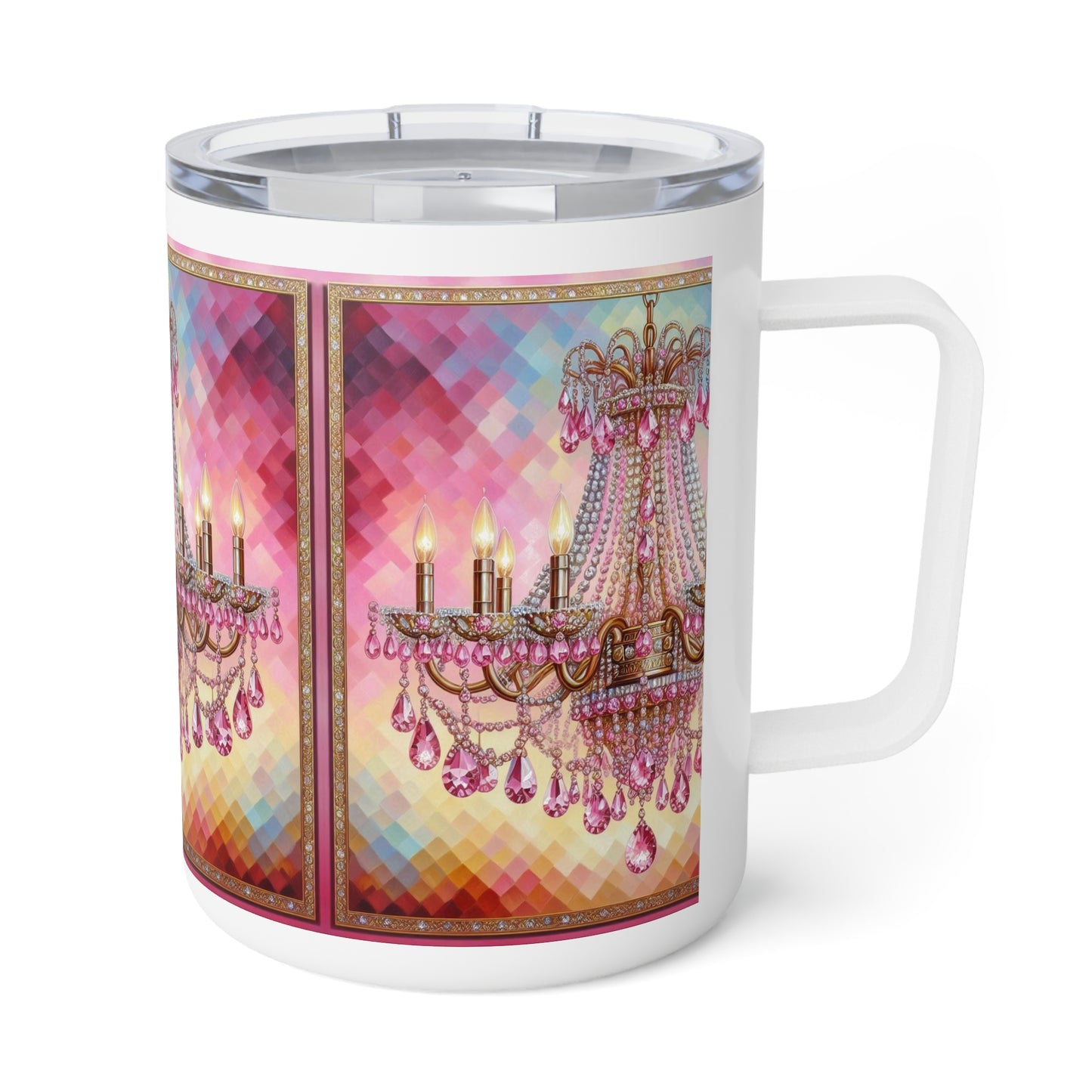 Elegant Chandelier Insulated Coffee Mug, 10oz - Perfect Gift for Coffee Lovers, Home Decor, Housewarming, Birthday, Wedding - Pink Jeweled Chandelier
