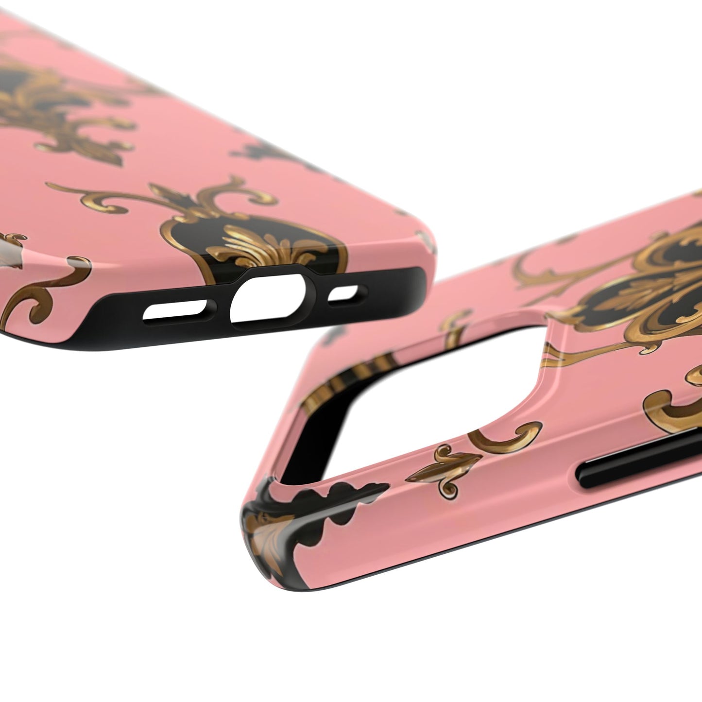 Chic Tough Phone Cases with Floral Design, Elegant Phone Cover, Durable Smartphone Case, Stylish Tech Accessory - Pink, Black & Gold Rococo