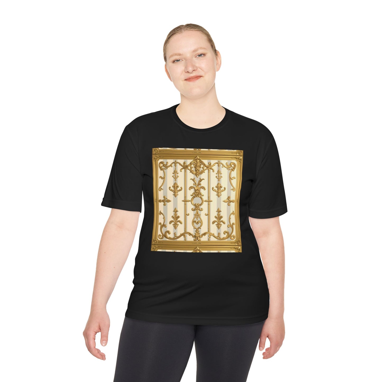 Elegant Gold Unisex Moisture Wicking Tee, Fashion Tee, Workout Shirt, Summer Style - Matte Gray & Cream Striped Gold Baroque