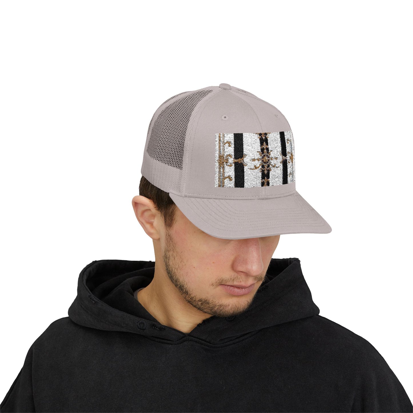 Trendy Snapback Trucker Cap, Casual Fashion Hat, Summer Accessory, Gift Idea for Cool Teens, Outdoor Activities - Black & White Striped Gold Baroque