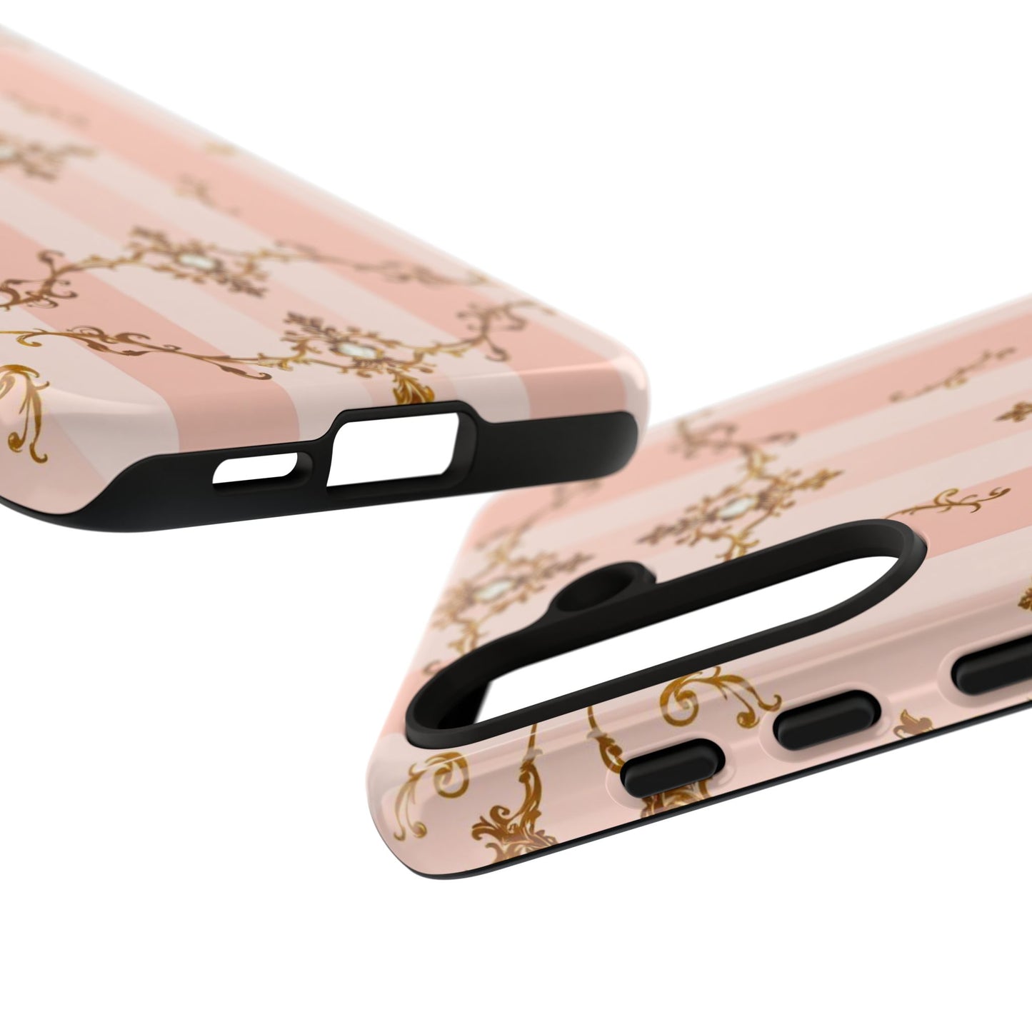 Elegant Floral Phone Case, Tough Cases for Women, Trendy Phone Cover, Chic Gift - Pink Jeweled Striped Gold Baroque