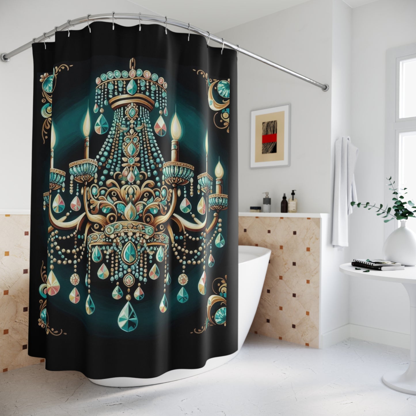 Glamorous Chandelier Shower Curtain, Elegant Bathroom Décor, Luxe Home Accessory - Teal Jeweled Chandelier