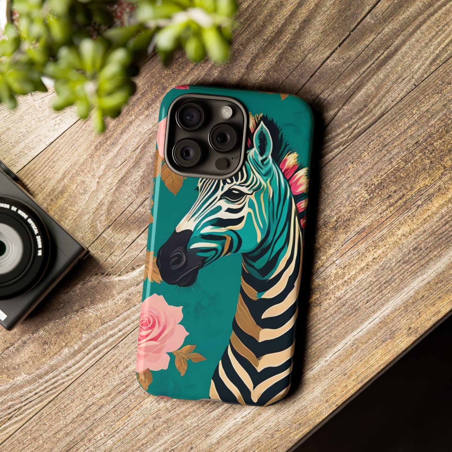 Phone Case - Elegant Teal & Gold Zebra & Roses Design