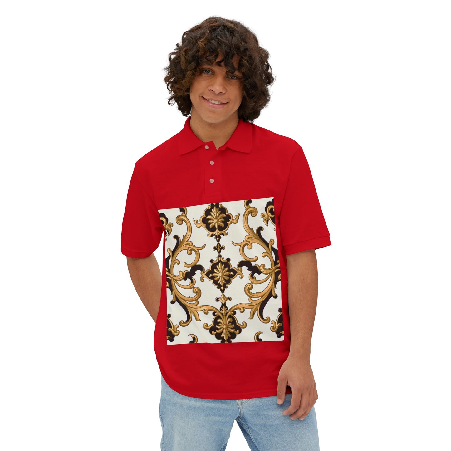 Stylish Men's Piqué Polo Shirt with Elegant Design - Perfect for Casual Events, Golf, Summer Days, Gifts - Black & Gold Rococo
