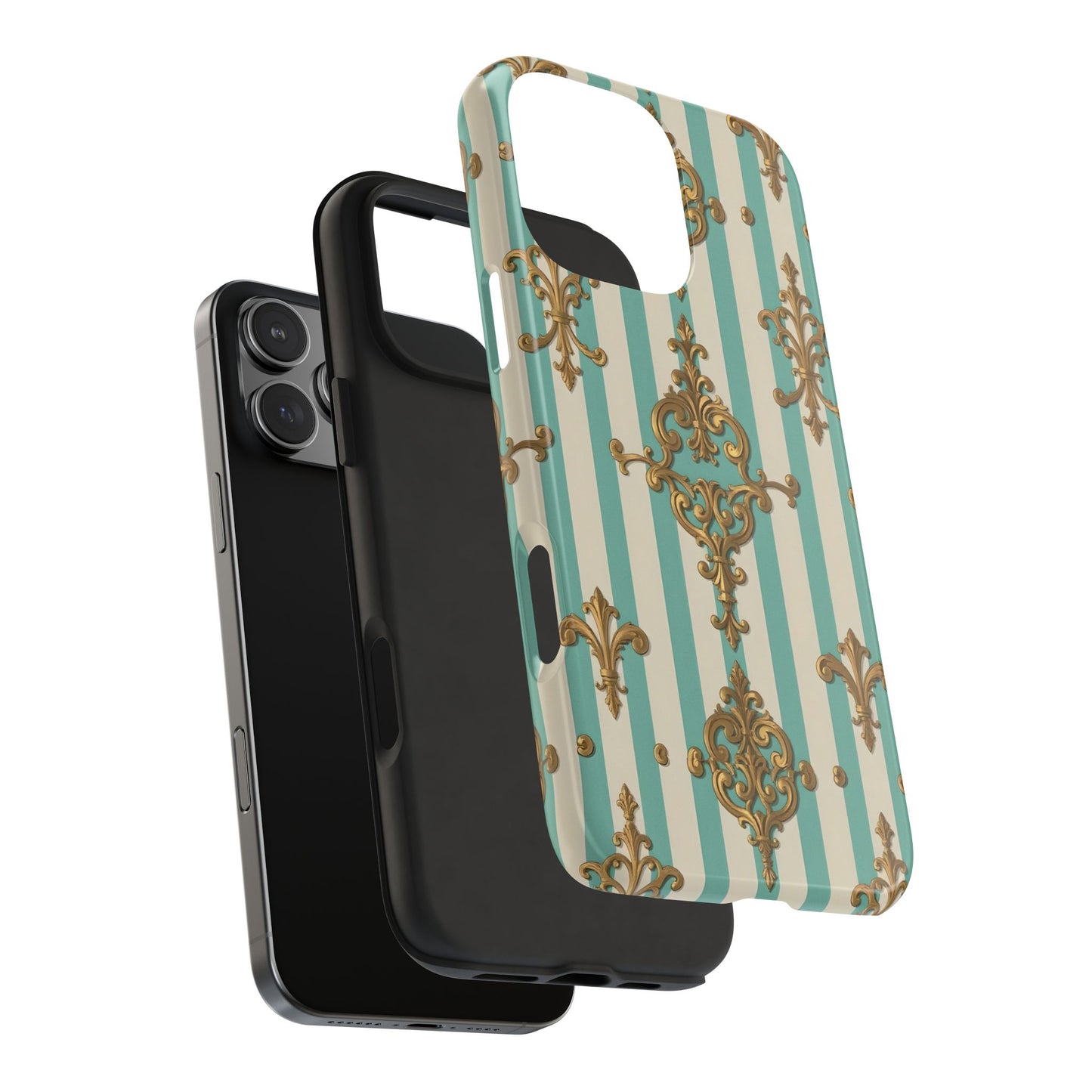 Elegant Striped Phone Case with Vintage Design, Tough Phone Cover, Stylish Smartphone Case - Matte Green Striped Rococo