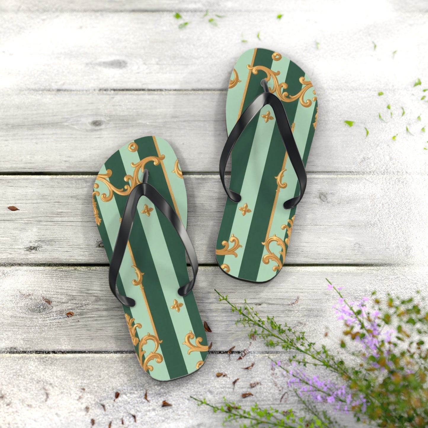 Elegant Patterned Flip Flops for Summer Fun, Beach Sandals, Casual Footwear, Vacation Essentials - Mint Green & Teal Striped Gold Baroque