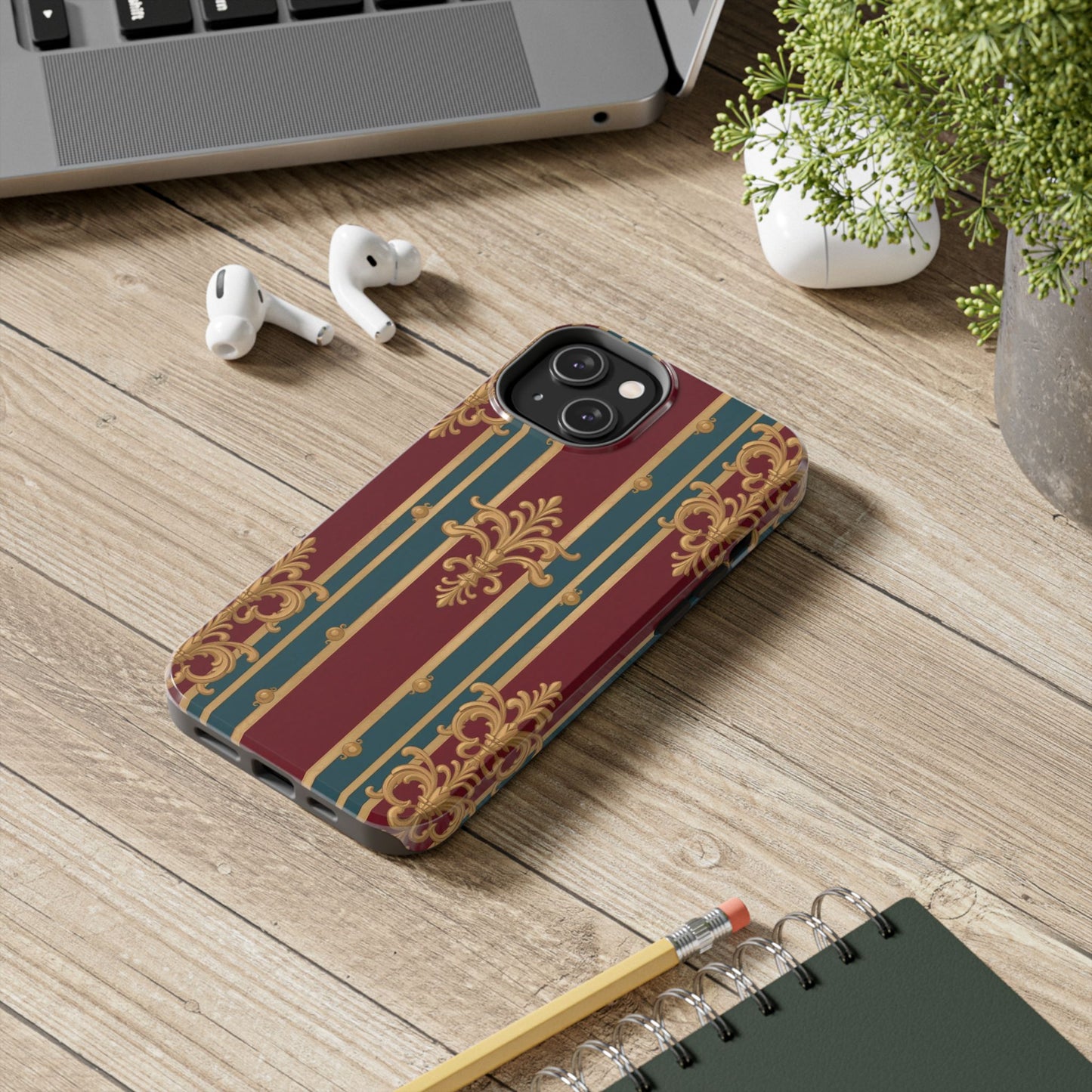 Elegant Vintage Tough Phone Case, Luxury Phone Protection, Stylish Phone Cover, Durable Phone Accessory - Burgundy Striped Gold Baroque