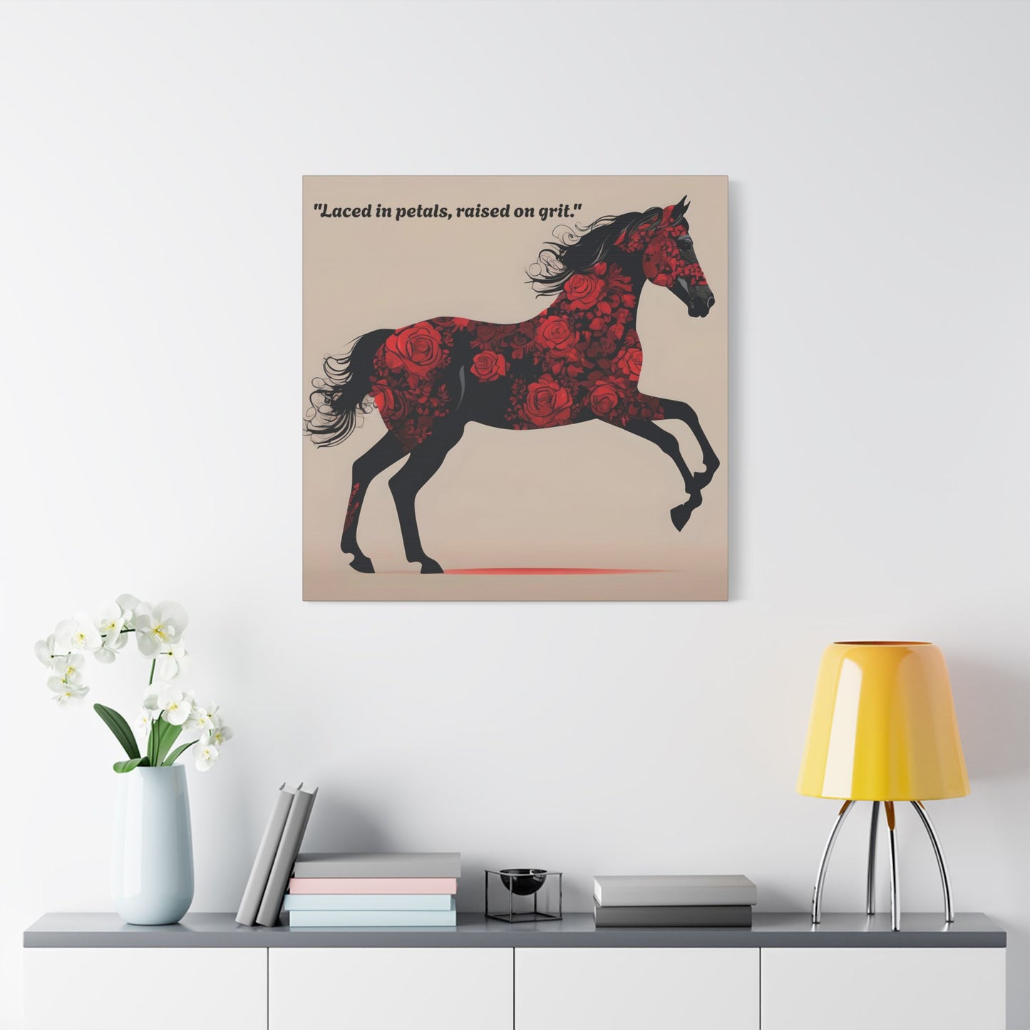 Art Print Canvas, Wall Decor, Satin Stretched Canvas, Equestrian Art, Office Decor, Home Decor - "Laced in petals"