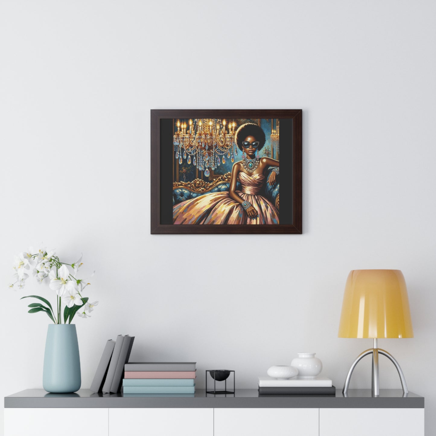 Elegant Framed Art Print | Chic Home Décor, Wall Art for Living Room, Unique Gift, Glamorous Aesthetic, Fashionable - Elegant Lady & Chandelier