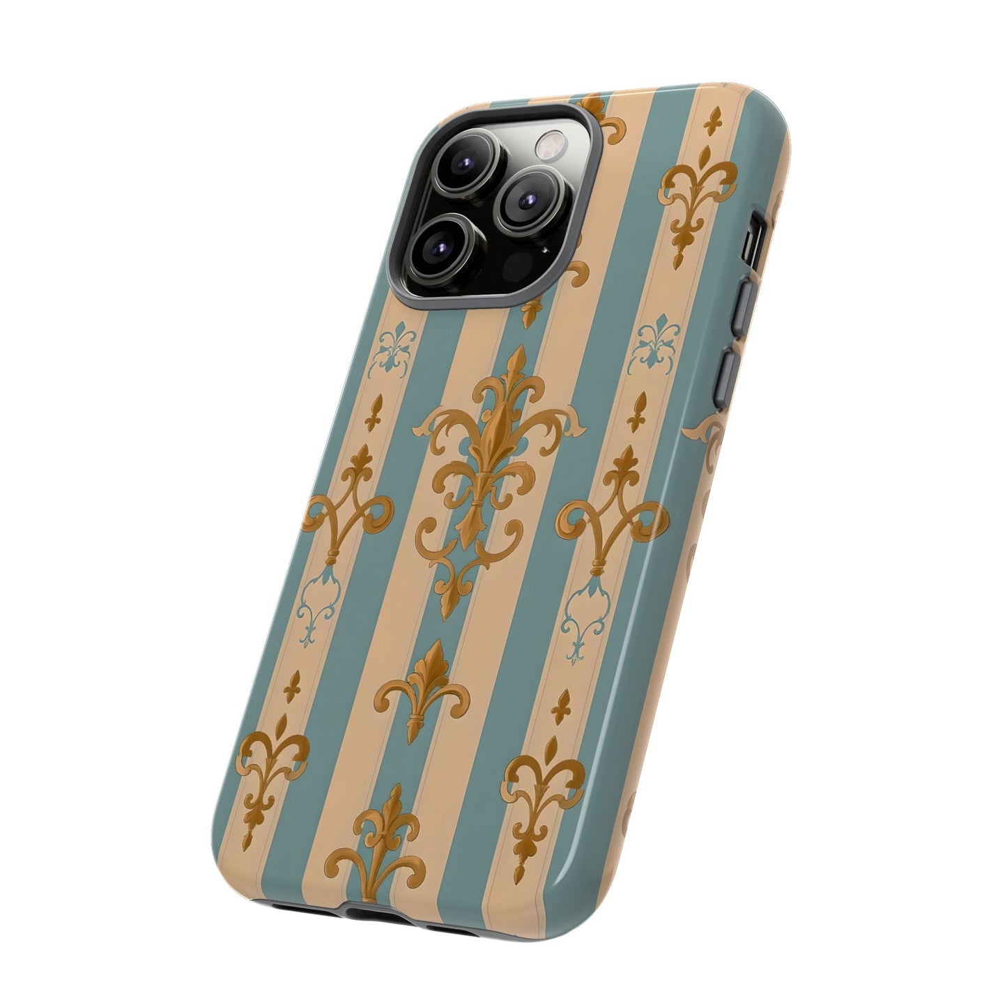Elegant Floral Motif Phone Case - Tough Cases with Vintage Design -  Beige & Sky Blue Striped Gold Damask