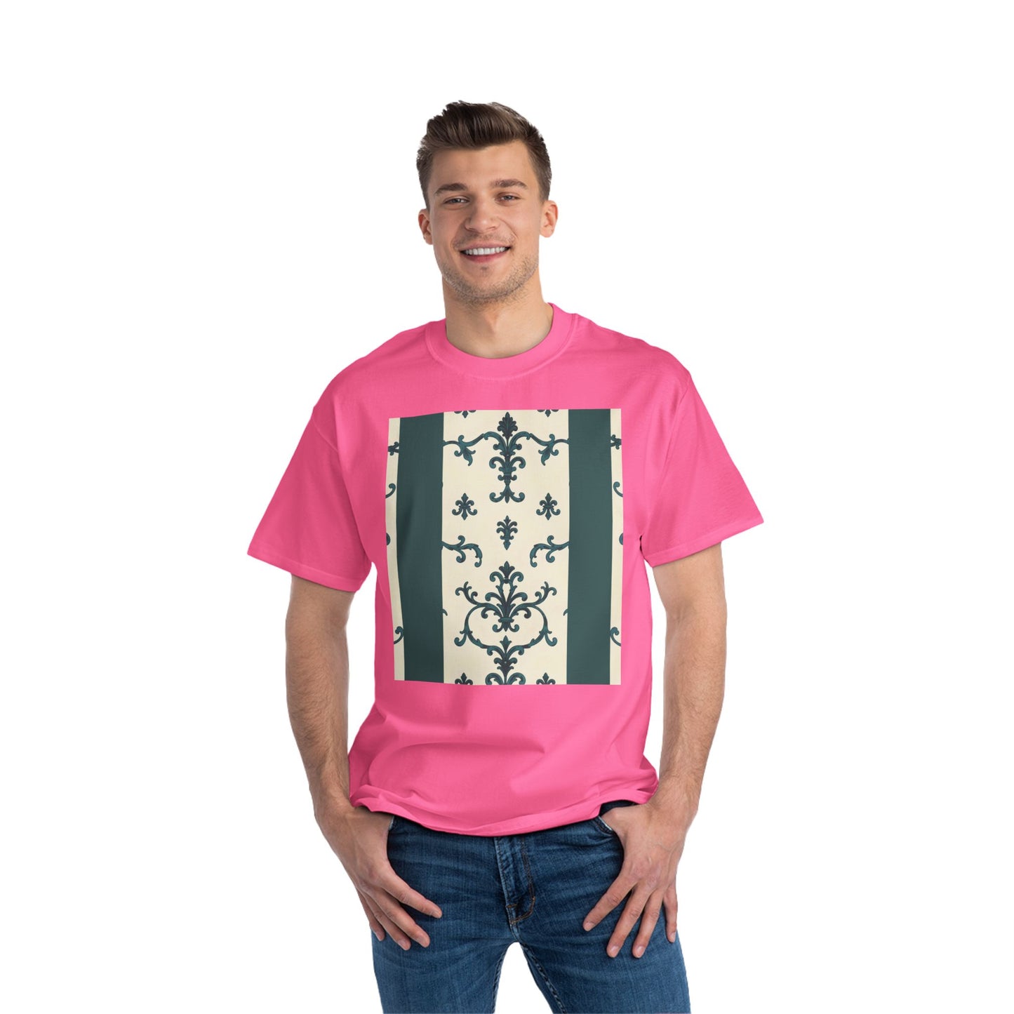 Vintage-Inspired Short-Sleeve T-Shirt, Casual Wear, Graphic Tee, Summer Outfit, Gift for Friends, Retro Design - Teal Striped Rococo