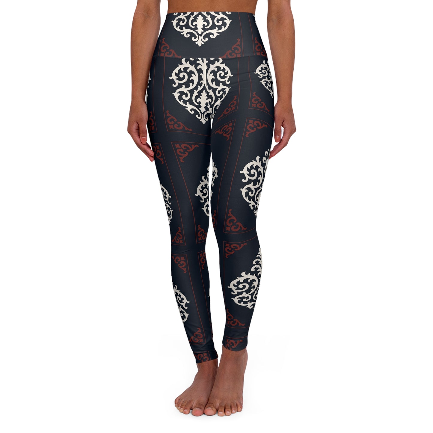 Dusk Blue & Maroon-White Baroque High-Waisted Yoga Leggings — Dusk Blue & White Baroque All-Over Print