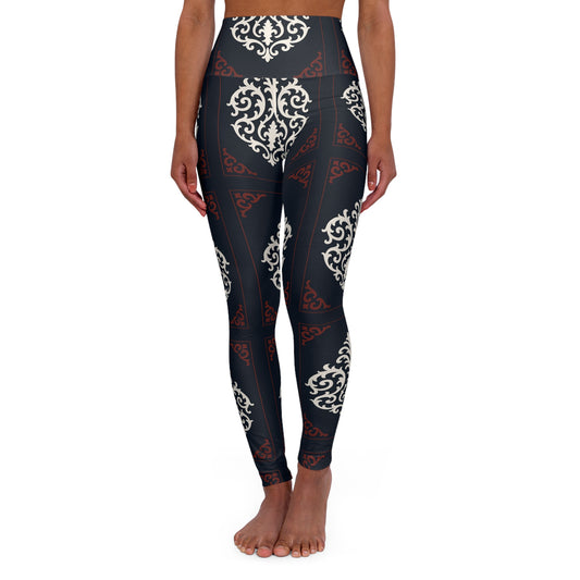 Dusk Blue & Maroon-White Baroque High-Waisted Yoga Leggings — Dusk Blue & White Baroque All-Over Print